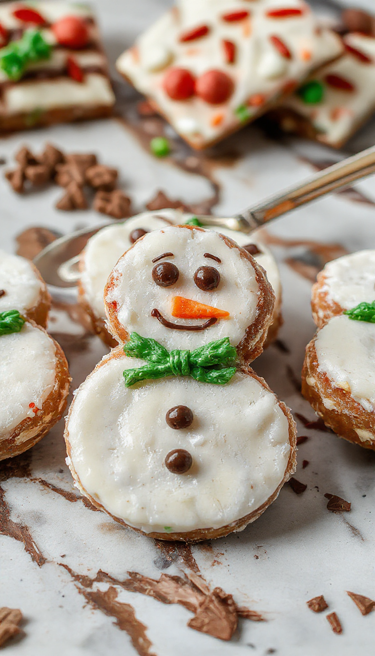 Colorful Christmas snowman shaped chocolate bark with white snowman faces, orange carrot noses, black coal eyes, and decorated with festive red and green sprinkles on a rustic wooden surface.