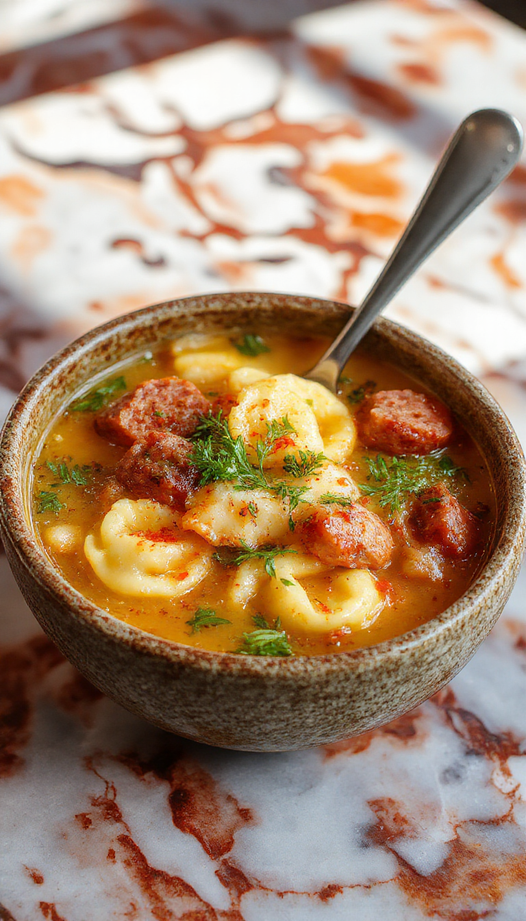 A steaming bowl of autumn tortellini soup with sausage, garnished with fresh herbs, showcasing colorful ingredients like tortellini, sausage slices, and vegetables in a rustic bowl with a warm, inviting setting.