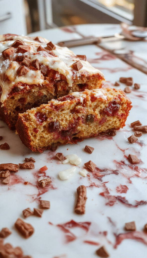 A beautifully plated Christmas bread with golden crust and festive toppings, displayed on a rustic wooden table with holiday decorations, warm lighting highlighting the bread's texture and garnishes
