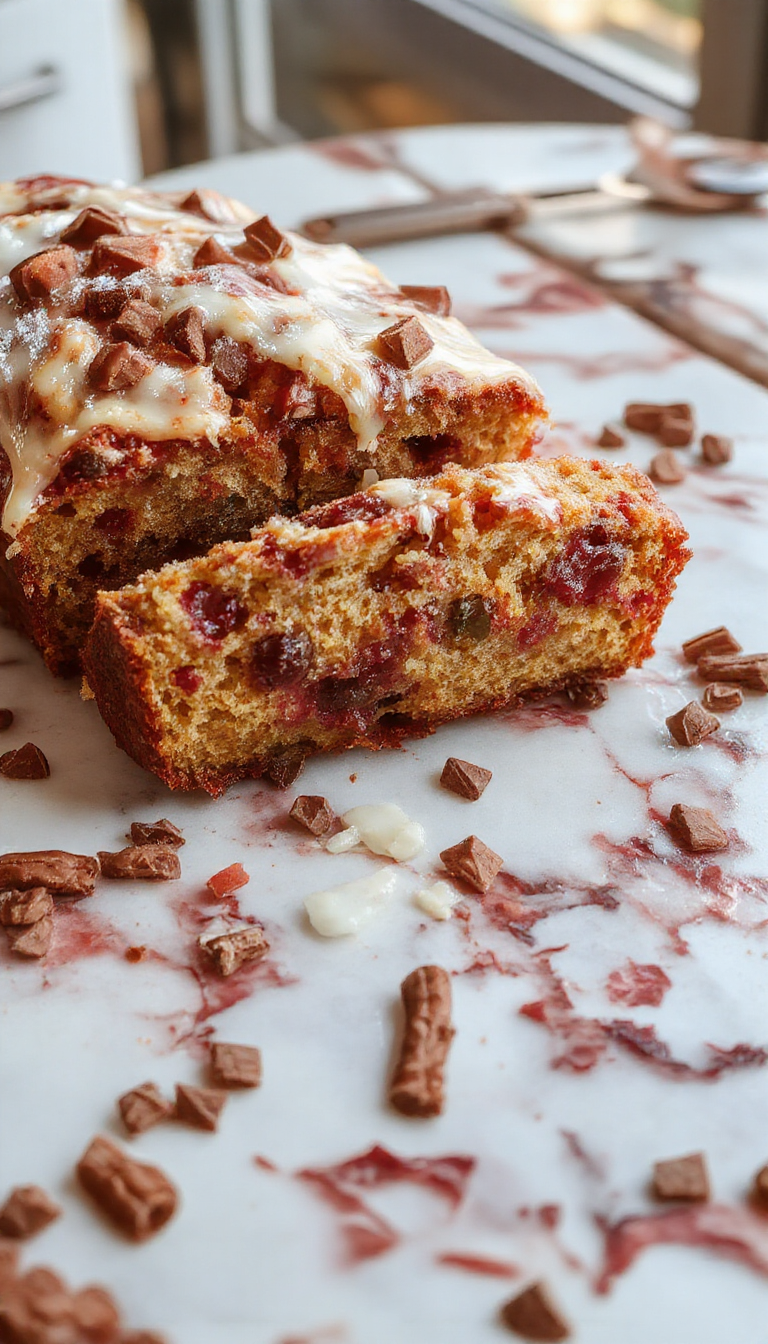 A beautifully plated Christmas bread with golden crust and festive toppings, displayed on a rustic wooden table with holiday decorations, warm lighting highlighting the bread's texture and garnishes