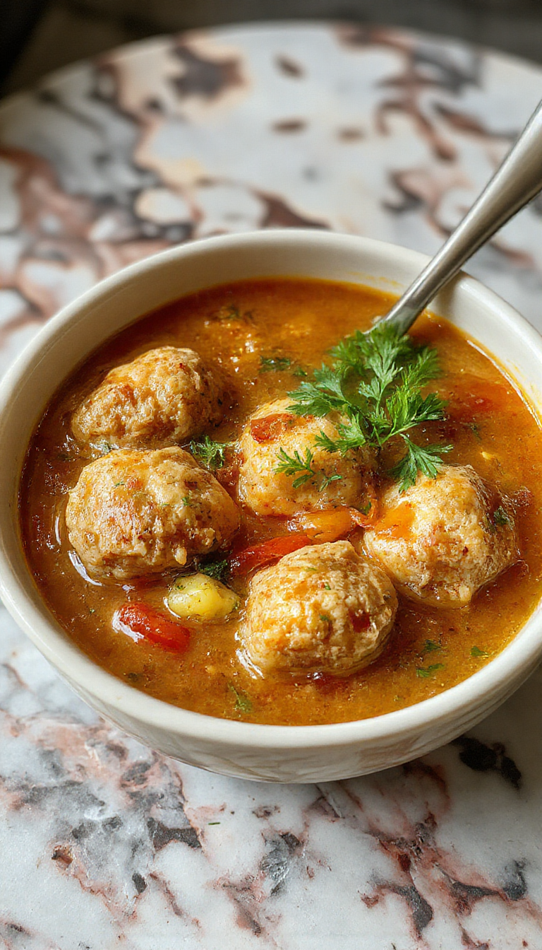 A bowl of cozy Swedish meatball soup featuring tender meatballs floating in a creamy broth, garnished with fresh herbs and served alongside crusty bread, set on a rustic wooden table with warm lighting.