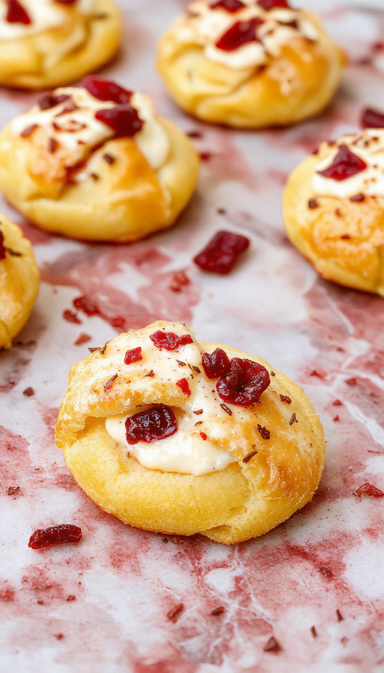 Close-up of golden-brown crescent roll bites filled with creamy cream cheese and vibrant red cranberries, garnished with fresh herbs, arranged on a white plate with a rustic wooden background, highlighting their flaky texture and festive appeal.
