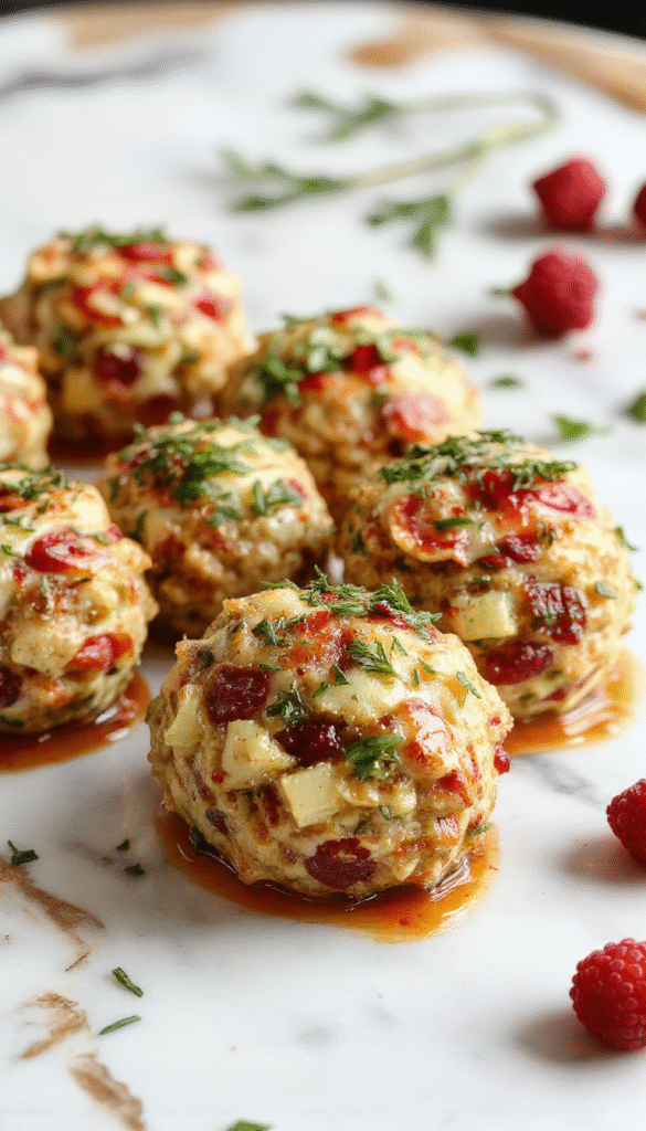 A close-up of golden-brown cranberry turkey stuffing balls arranged on a white plate, garnished with fresh herbs and scattered cranberries, with a rustic wooden table background highlighting their crispy texture and vibrant red cranberries.