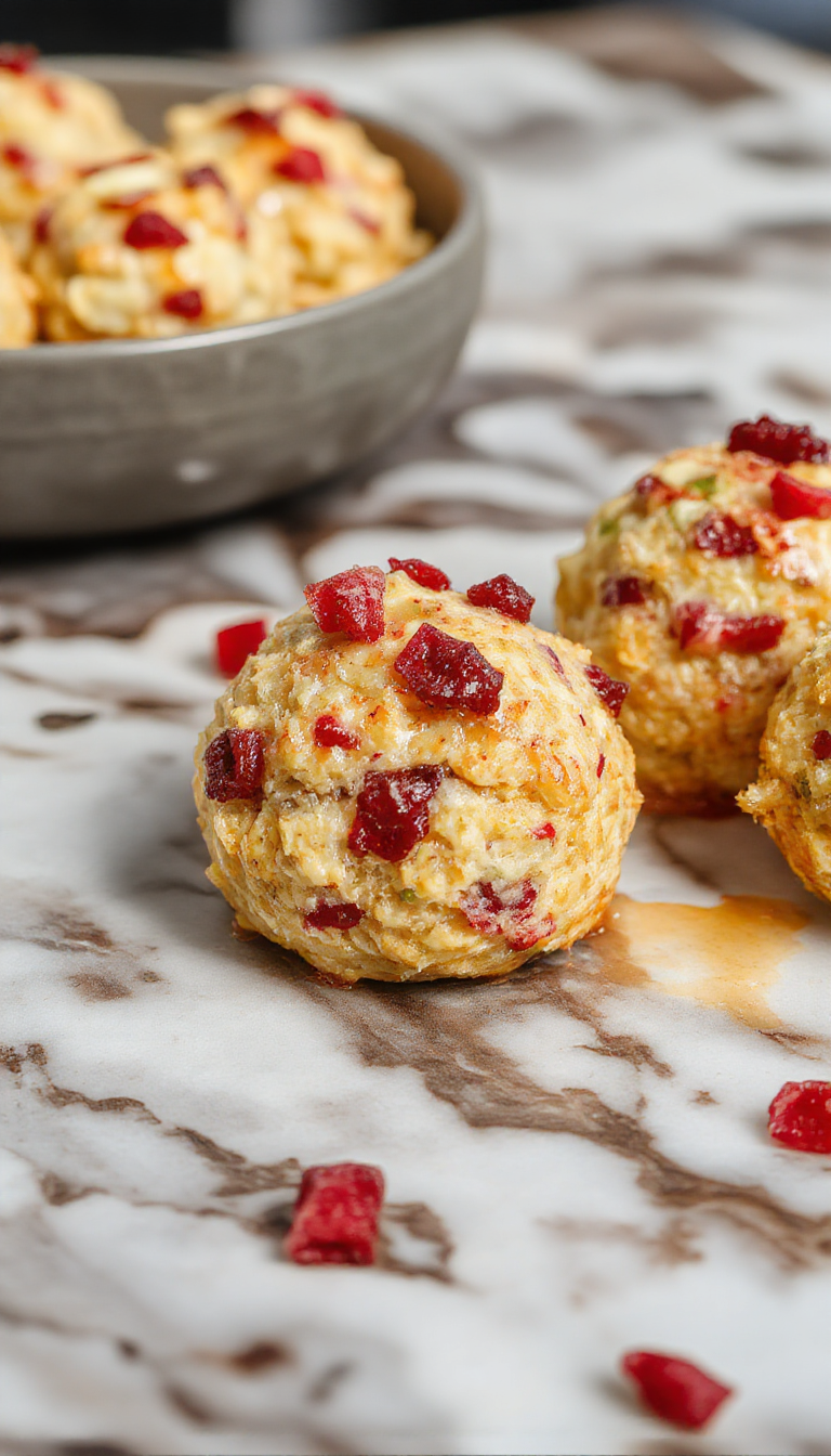 A close-up of golden-brown stuffing balls with visible chunks of dried cranberries and herbs, arranged on a white plate with a fresh sprig of thyme, garnished with cranberry sauce and parsley, on a rustic wooden table.