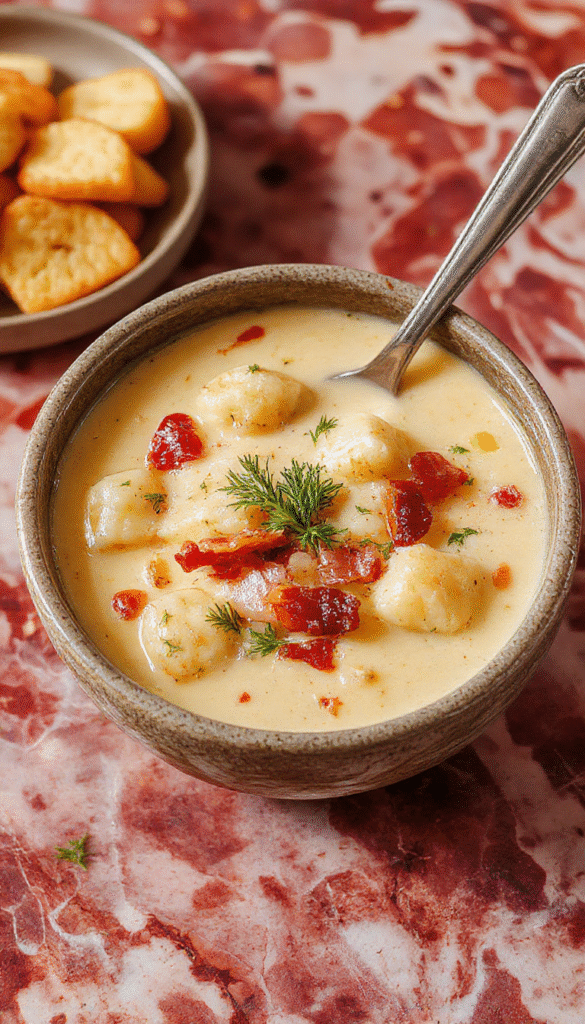 A bowl of rich, creamy gnocchi soup topped with crispy bacon and melted cheddar cheese, garnished with chopped herbs, served in a rustic white bowl on a wooden table with a spoon and fresh herbs around.