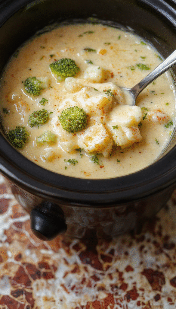 A creamy, vibrant green broccoli and white potato soup topped with melted cheese and fresh herbs in a rustic white bowl on a wooden table, with a spoon digging into the thick, smooth texture.