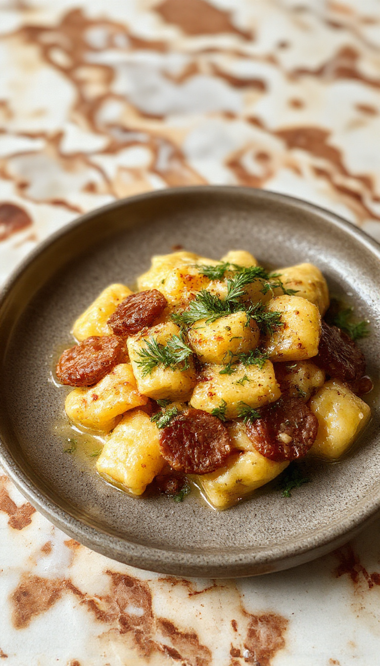 A close-up of golden-brown gnocchi coated in a creamy orange butternut squash sauce, topped with sliced sausage and fresh herbs, plated on a white dish with rustic wooden background.