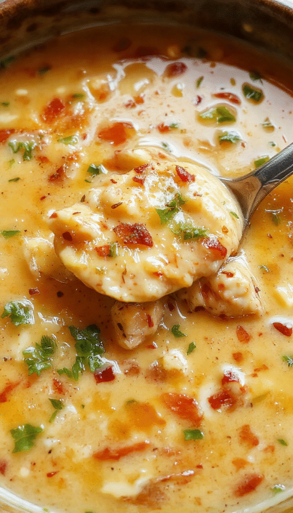 A vibrant bowl of creamy Cajun chicken soup garnished with chopped herbs and slices of grilled chicken, surrounded by colorful vegetables and a rustic wooden spoon, highlighting rich textures and bold flavors.