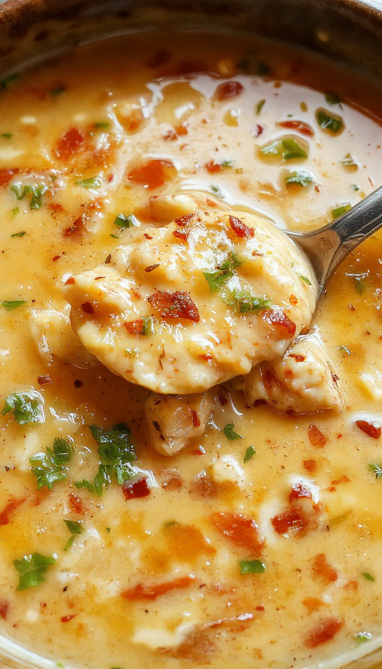 A vibrant bowl of creamy Cajun chicken soup garnished with chopped herbs and slices of grilled chicken, surrounded by colorful vegetables and a rustic wooden spoon, highlighting rich textures and bold flavors.