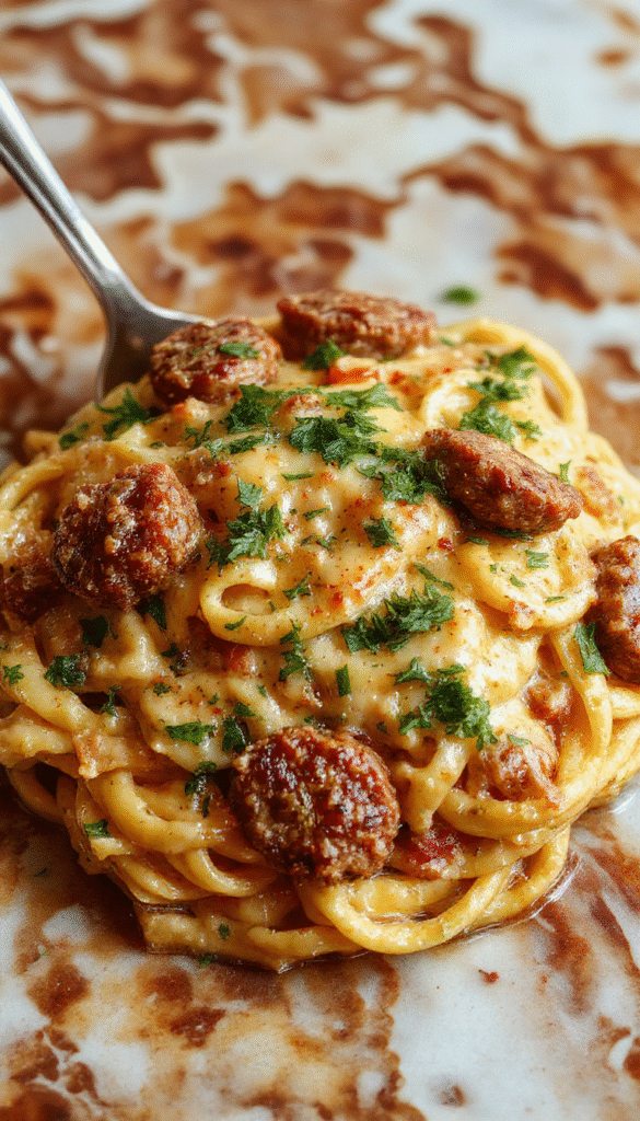 A vibrant bowl of creamy Cajun sausage pasta features curly pasta coated in a rich, spicy sauce, topped with sliced Cajun sausages, garnished with chopped parsley, served in a rustic white bowl with a fork, on a wooden table with Parmesan cheese sprinkled over.