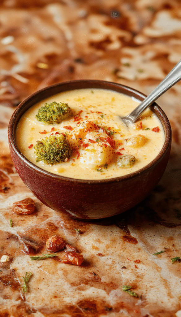 A bowl of creamy broccoli and potato soup topped with shredded cheddar cheese and fresh herbs, served on a rustic wooden table with a spoon and a bread roll on the side.