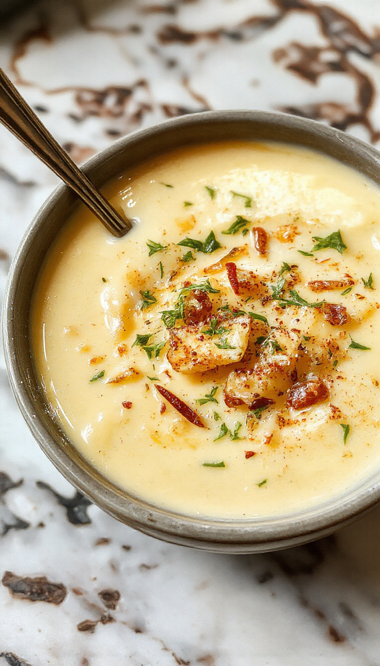 A steaming bowl of cheesy potato soup garnished with fresh herbs and melted cheddar cheese, served on a rustic wooden table with garlic bread on the side, showcasing rich textures and vibrant green herbs.