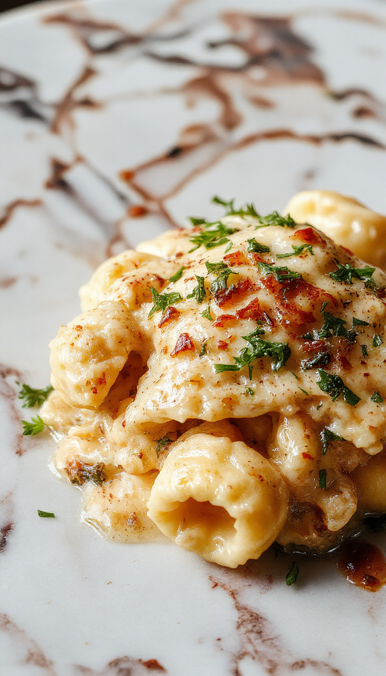 A close-up of a vibrant, creamy chicken tortellini dish plated on a white plate. The tortellini are coated with a rich, cheesy sauce, garnished with fresh parsley and shredded cheese. The dish is set against a rustic wooden background, with a fork twirling some tortellini. The textures of creamy sauce and tender pasta are emphasized with bright lighting highlighting the golden hues and fresh herbs.