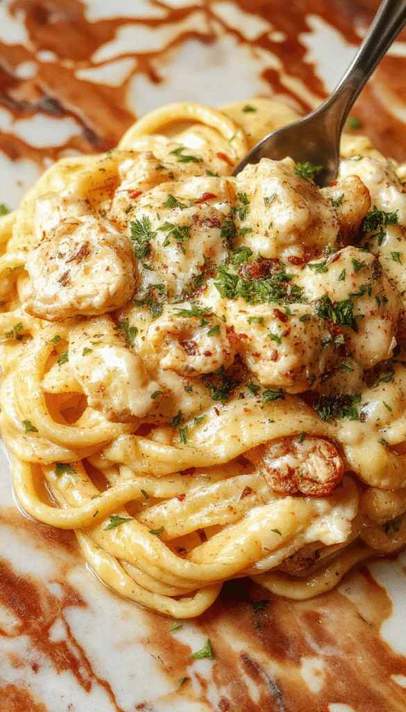 A close-up of a white ceramic plate filled with creamy chicken Alfredo pasta. The dish features tender pieces of grilled chicken on a bed of fettuccine coated in a smooth, rich Alfredo sauce. Garnished with freshly chopped parsley and a sprinkle of grated Parmesan cheese, the vibrant green parsley contrasts beautifully with the creamy white sauce. The background includes a rustic wooden table with a drizzle of sauce for artistic presentation.