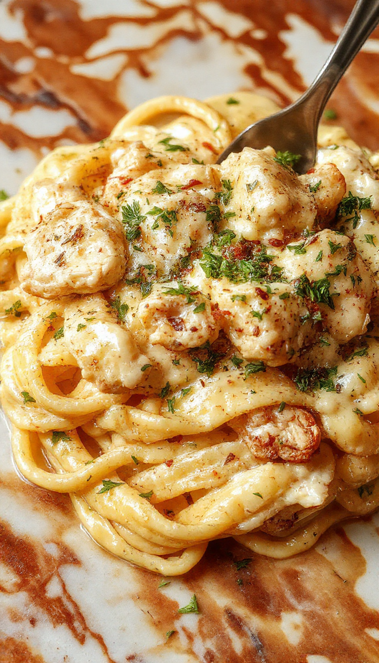A close-up of a white ceramic plate filled with creamy chicken Alfredo pasta. The dish features tender pieces of grilled chicken on a bed of fettuccine coated in a smooth, rich Alfredo sauce. Garnished with freshly chopped parsley and a sprinkle of grated Parmesan cheese, the vibrant green parsley contrasts beautifully with the creamy white sauce. The background includes a rustic wooden table with a drizzle of sauce for artistic presentation.
