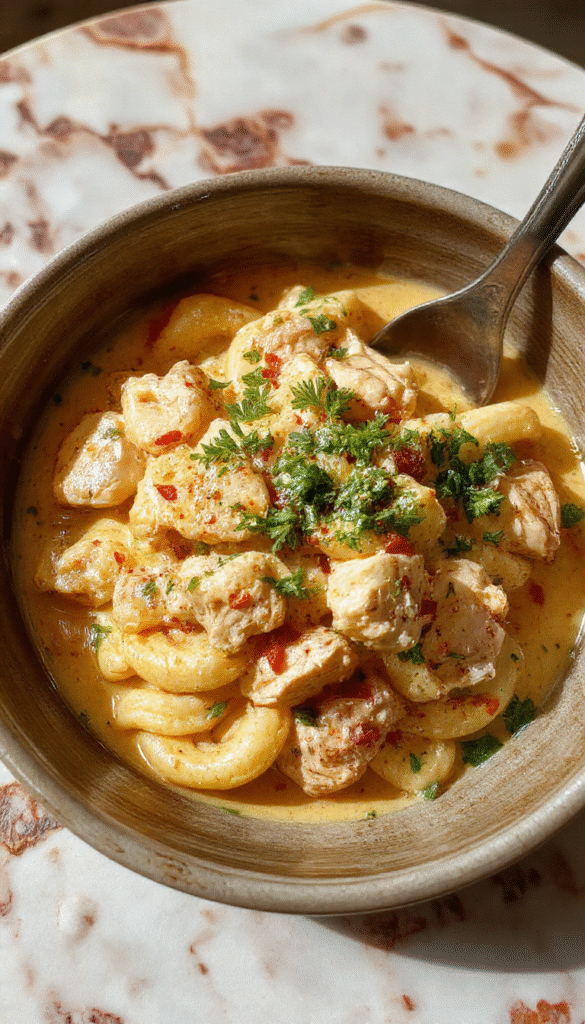 A vibrant plate of creamy chicken pot pie pasta showcasing tender shredded chicken, golden pastry crust crumbles, and fresh herbs, all coated in a rich, creamy sauce with a side of colorful steamed vegetables, styled on a rustic wooden table with a sprinkle of parsley.