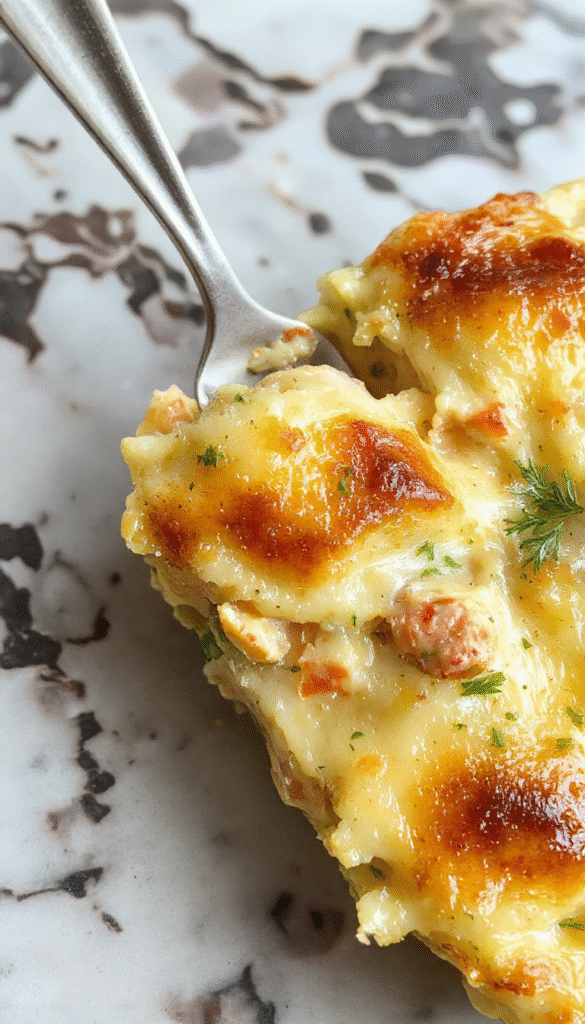 A hearty chicken pot pie casserole served in a rustic baking dish, topped with golden flaky crust crumbles, with melted cheese bubbling on the edges, garnished with fresh herbs, vibrant vegetables in the filling, and a warm, inviting atmosphere.