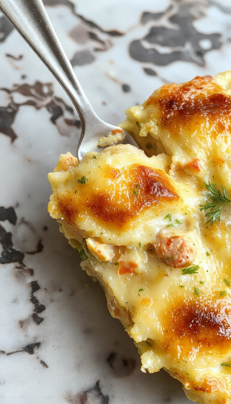 A hearty chicken pot pie casserole served in a rustic baking dish, topped with golden flaky crust crumbles, with melted cheese bubbling on the edges, garnished with fresh herbs, vibrant vegetables in the filling, and a warm, inviting atmosphere.