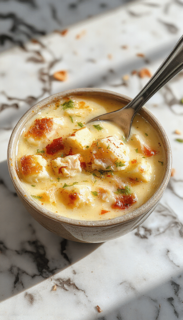 A bowl of creamy chicken pot pie soup featuring shredded chicken, vegetables, and a golden flaky crust crumbles sprinkled on top, with steam rising and a rustic wooden table background.