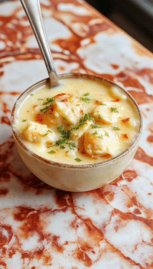 A bowl of creamy chicken pot pie soup topped with flaky golden crust crumbles, garnished with chopped herbs, surrounded by fresh vegetables and steaming broth, styled for a warm, inviting presentation.