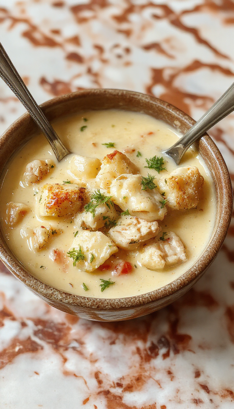 A steaming bowl of creamy chicken pot pie soup garnished with fresh herbs, topped with flaky pie crust crumbles, served on a rustic wooden table with a spoon soaking in the flavorful broth.