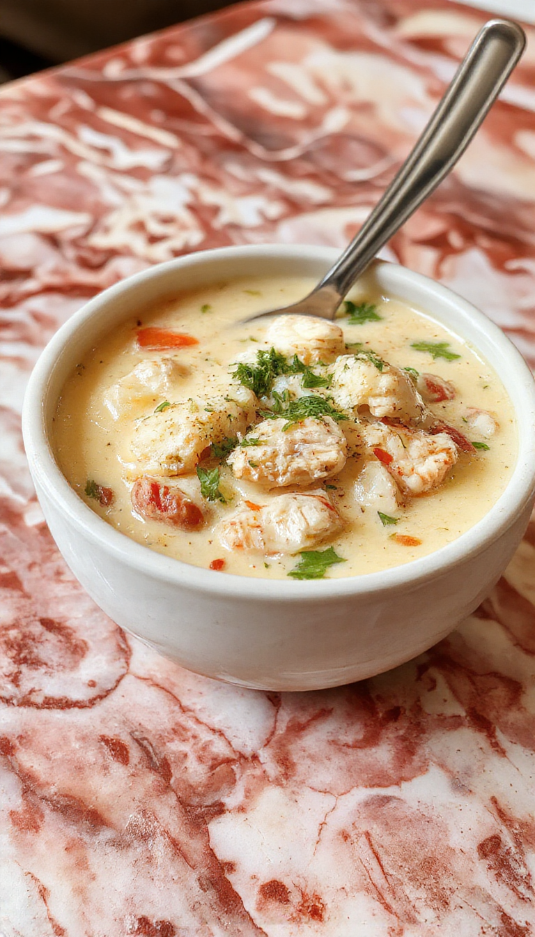 A bowl of creamy chicken and rice soup topped with chopped parsley and black pepper, next to rustic bread slices, with a spoon resting in the bowl, vibrant colors, creamy texture visible, garnished to enhance appeal.