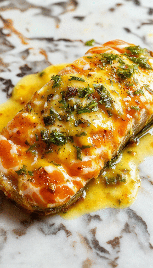 Vibrant dish featuring tender salmon fillets coated in a rich coconut curry sauce, garnished with fresh herbs and served on a white plate with golden garlic butter melting beside it.