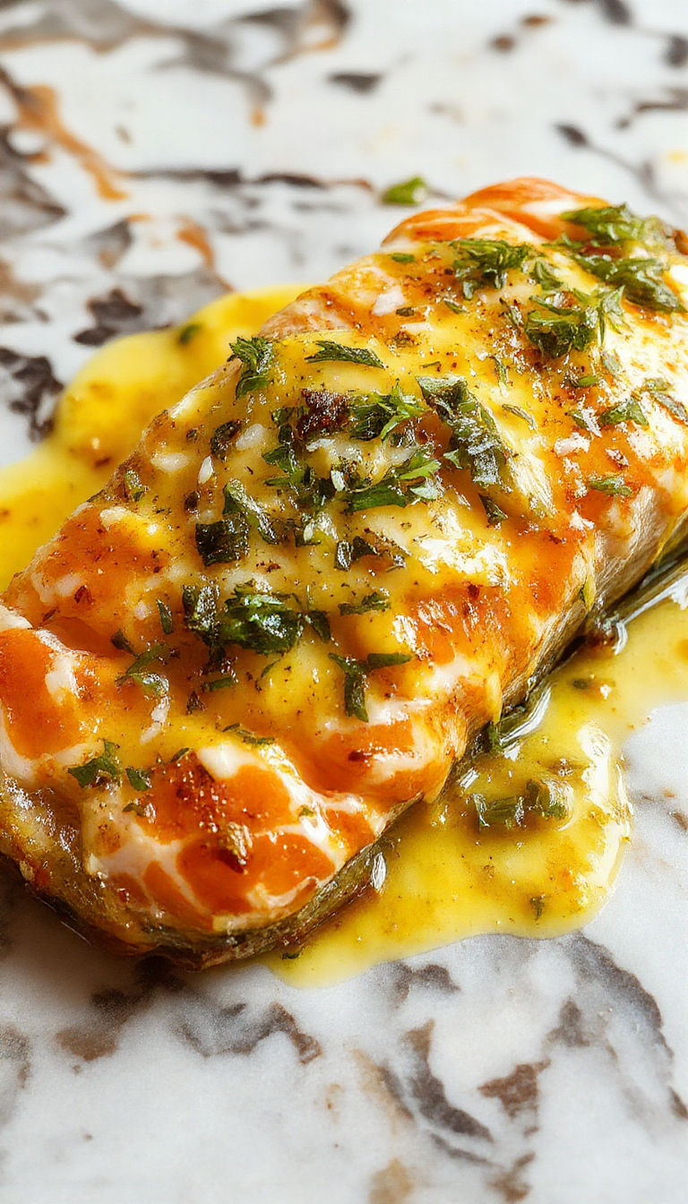 Vibrant dish featuring tender salmon fillets coated in a rich coconut curry sauce, garnished with fresh herbs and served on a white plate with golden garlic butter melting beside it.