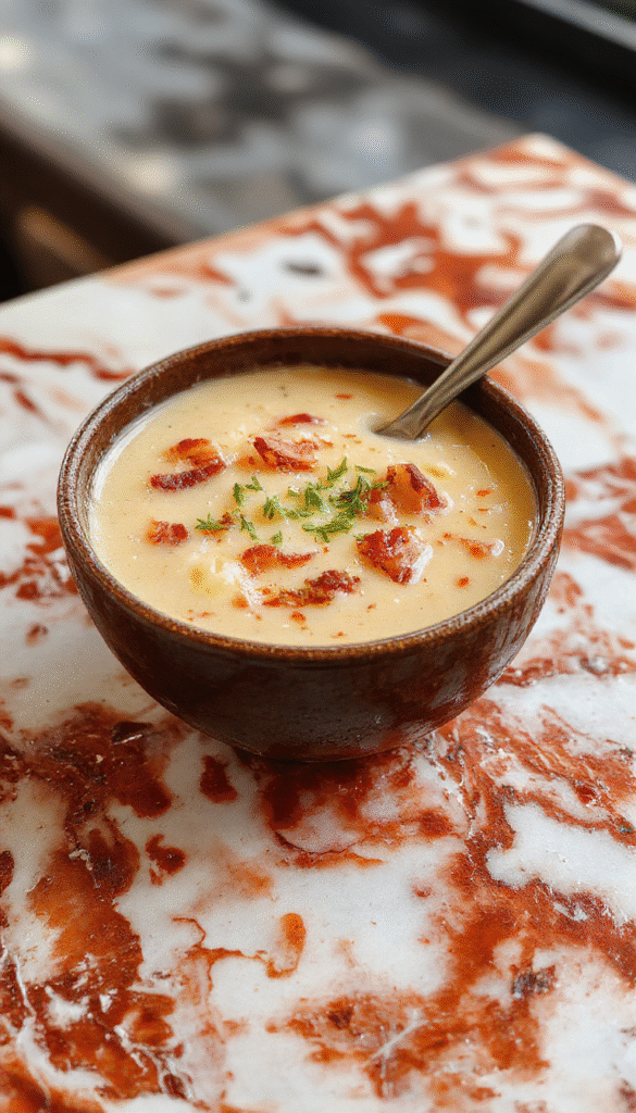 A rustic bowl of creamy cowboy soup garnished with chopped green onions and shredded cheese, served with a slice of crusty bread on a wooden table, vibrant orange and green colors highlighting the hearty texture and rustic presentation.