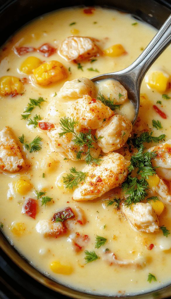 A vibrant bowl of creamy chicken corn chowder garnished with chopped herbs on a rustic wooden table. The chowder is thick, yellowish with visible kernels of corn and shredded chicken, topped with fresh parsley and a dollop of sour cream. In the background, a crockpot and rustic kitchen setting add warmth and comfort to the scene.