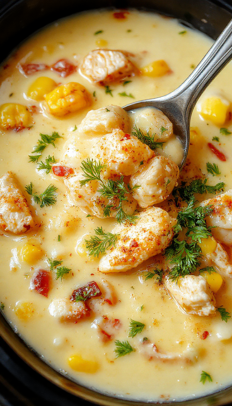 A vibrant bowl of creamy chicken corn chowder garnished with chopped herbs on a rustic wooden table. The chowder is thick, yellowish with visible kernels of corn and shredded chicken, topped with fresh parsley and a dollop of sour cream. In the background, a crockpot and rustic kitchen setting add warmth and comfort to the scene.