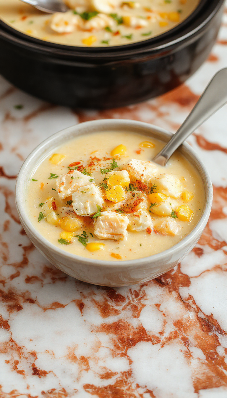 A steaming bowl of creamy chicken corn chowder garnished with fresh herbs, with chunks of tender chicken, golden corn kernels, and a velvety soup base on a rustic wooden table