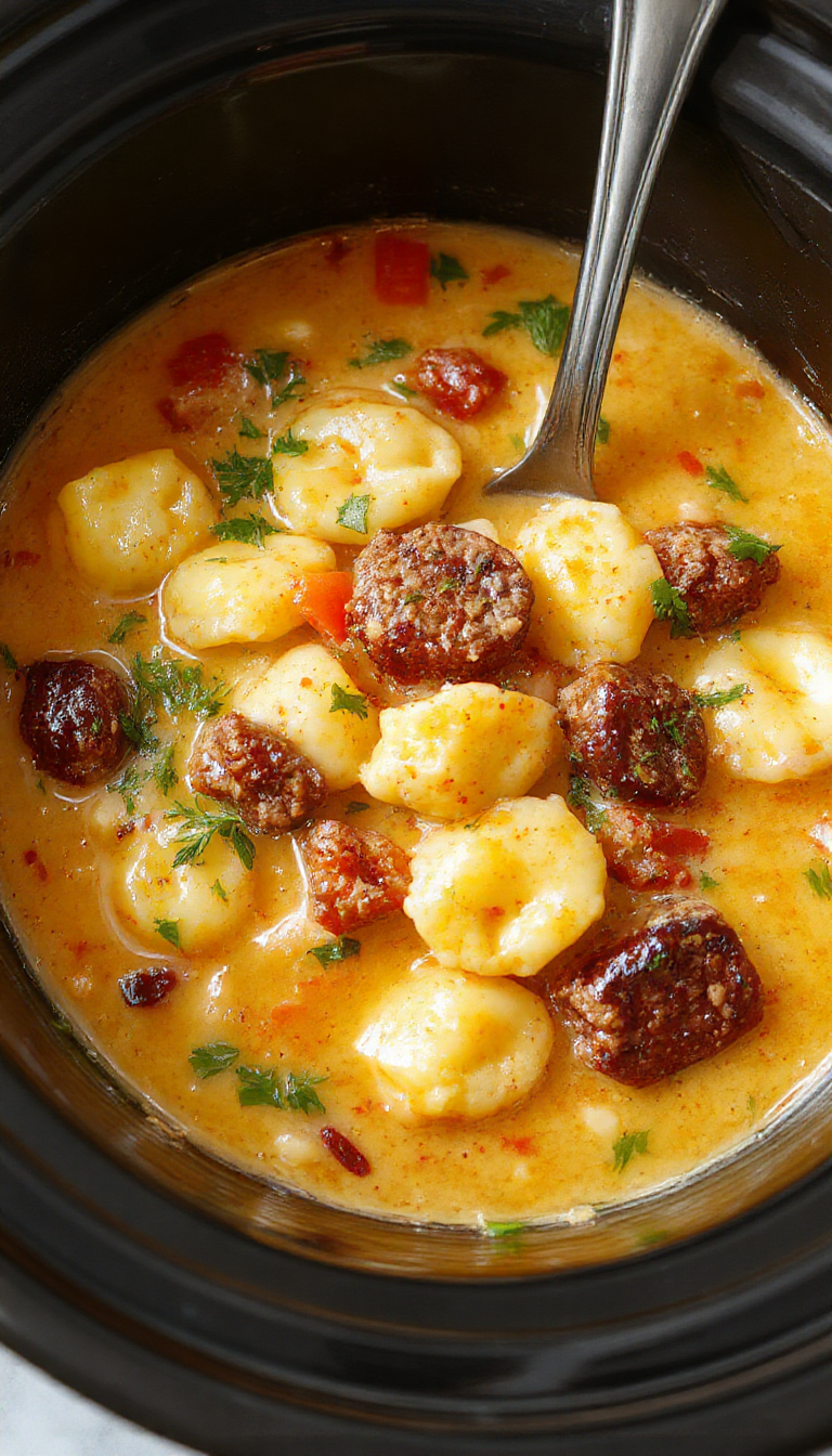 A vibrant bowl of creamy tortellini soup garnished with fresh basil, showcasing plump tortellini, browned sausage bits, and a rich broth with colorful vegetables on a rustic wooden table.