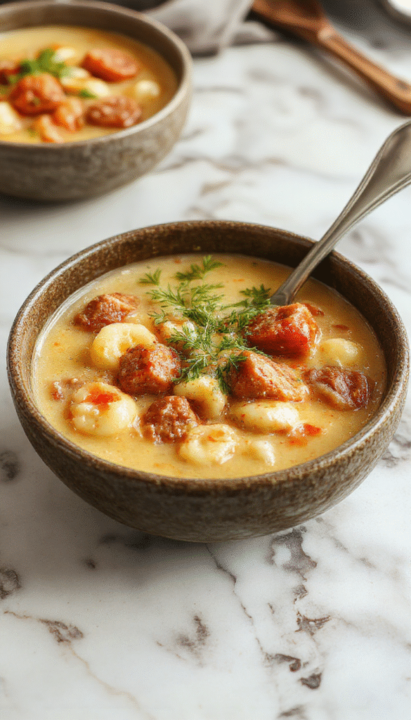 A steaming bowl of creamy Italian sausage gnocchi soup garnished with fresh basil and grated cheese, showcasing tender gnocchi, sausage chunks, and vibrant greens in a rustic bowl against warm, inviting background.
