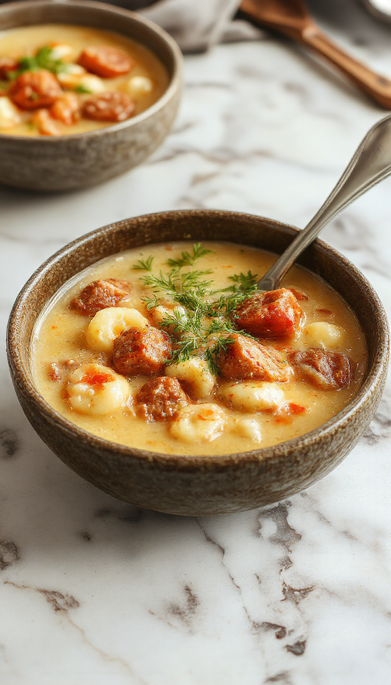 A steaming bowl of creamy Italian sausage gnocchi soup garnished with fresh basil and grated cheese, showcasing tender gnocchi, sausage chunks, and vibrant greens in a rustic bowl against warm, inviting background.