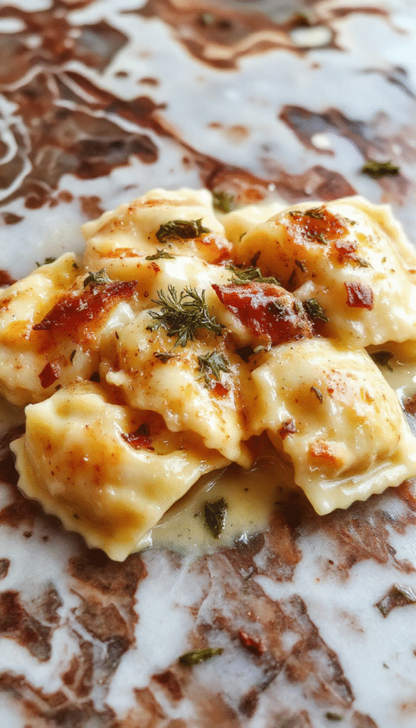 A vibrant plate of creamy Tuscan ravioli topped with fresh herbs, drizzled with sauce, set on a rustic wooden table with colorful ingredients around