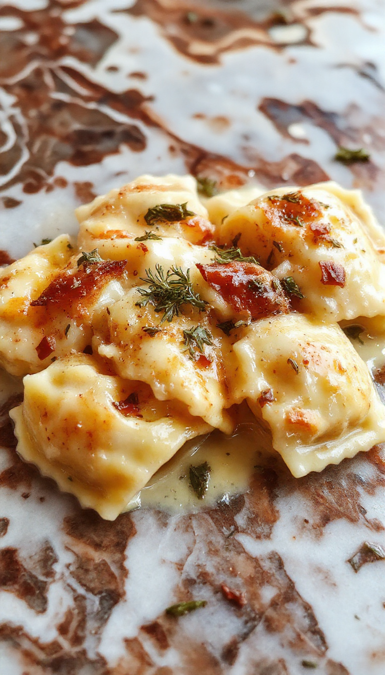 A vibrant plate of creamy Tuscan ravioli topped with fresh herbs, drizzled with sauce, set on a rustic wooden table with colorful ingredients around