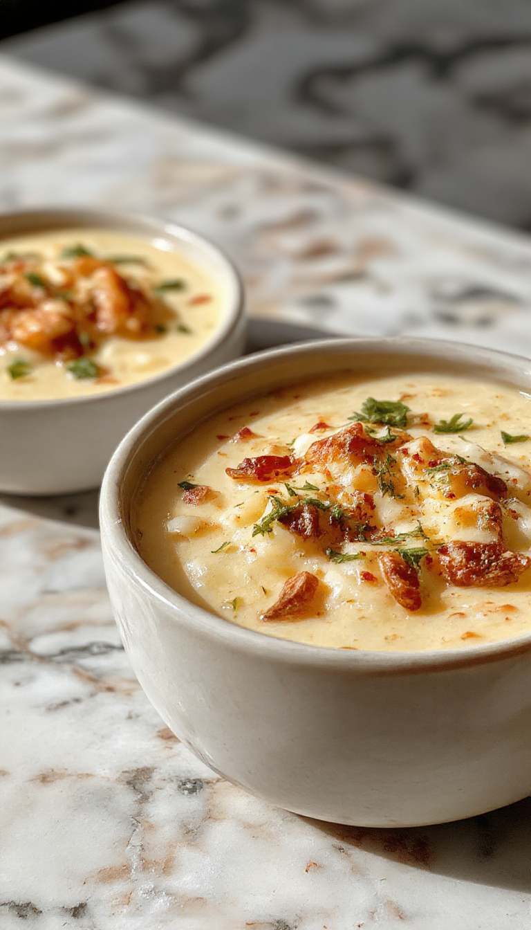 A creamy bowl of loaded baked potato soup topped with shredded cheese, crispy bacon bits, chopped green onions, and sour cream on a rustic wooden table with a warm cozy background.