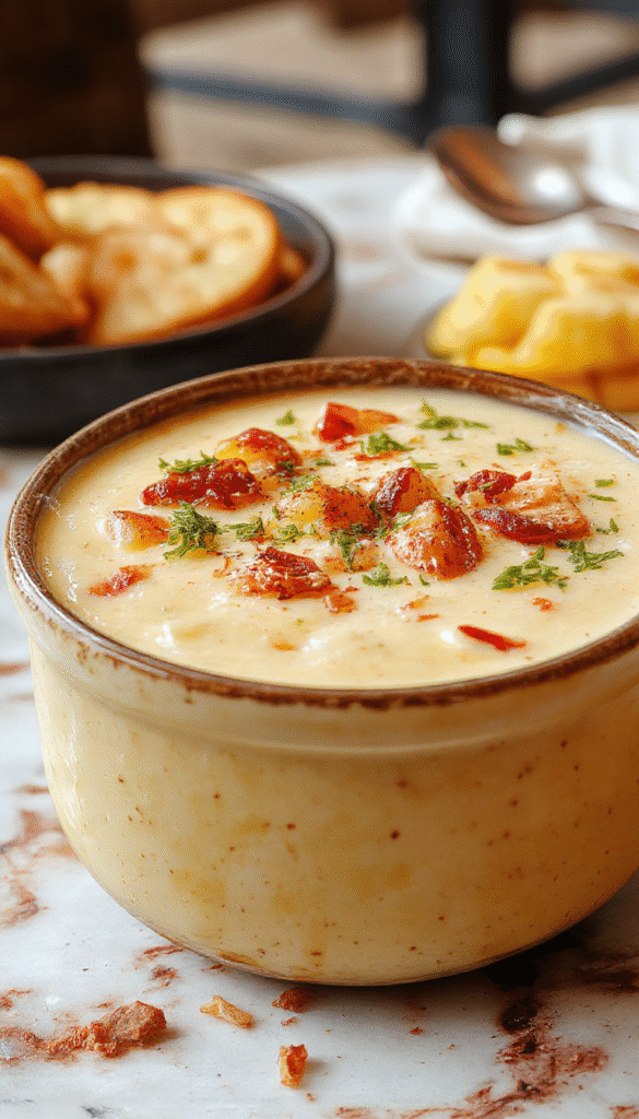 A vibrant bowl of creamy loaded Outback potato soup prominently featuring golden-brown diced potatoes, topped with shredded cheese, crispy bacon bits, chopped green onions, and a dollop of sour cream, all on a rustic wooden table with fresh herbs and a spoon for serving.