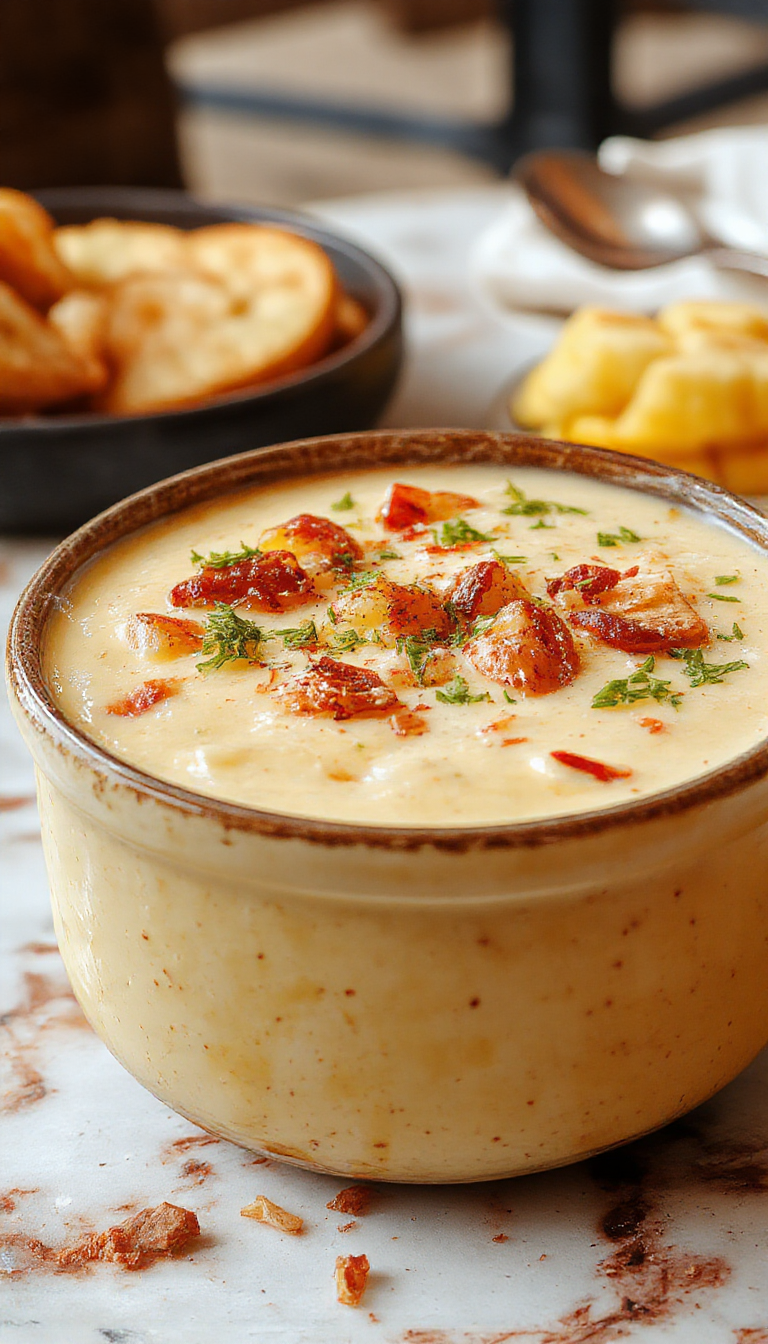 A vibrant bowl of creamy loaded Outback potato soup prominently featuring golden-brown diced potatoes, topped with shredded cheese, crispy bacon bits, chopped green onions, and a dollop of sour cream, all on a rustic wooden table with fresh herbs and a spoon for serving.