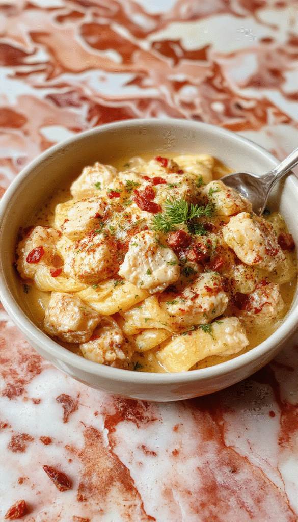 A vibrant plate of creamy chicken pasta garnished with fresh herbs, with tender chicken pieces in a luscious sauce, served on a white ceramic dish with a rustic wooden table background, styled with basil leaves and a fork.