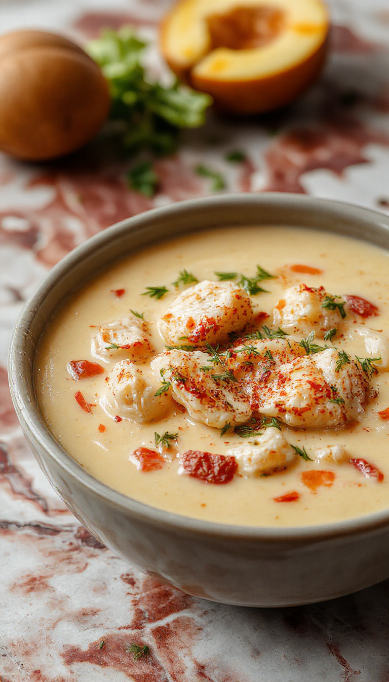 A steaming bowl of rich, creamy Marry Me Chicken Soup with tender chicken pieces, swirls of cream, topped with fresh herbs, served in a rustic bowl on a wooden table.