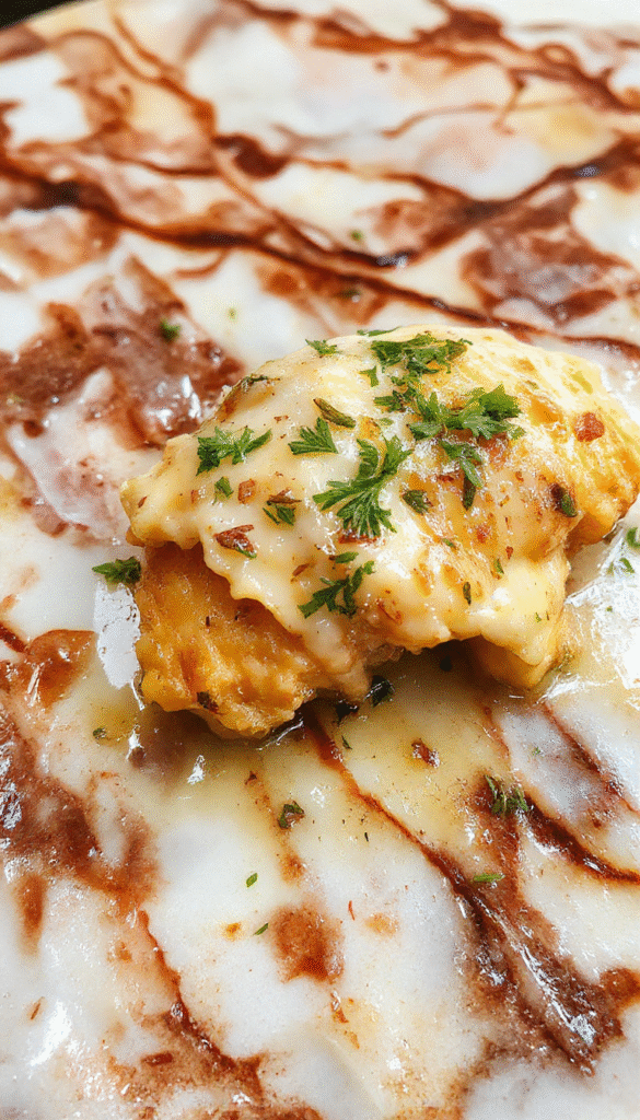 A close-up of a creamy chicken dish plated on a rustic wooden table. The chicken is topped with fresh herbs and served with a rich, velvety sauce. The plate is garnished with chopped parsley and lemon slices, highlighting the dish's vibrant colors and textures.