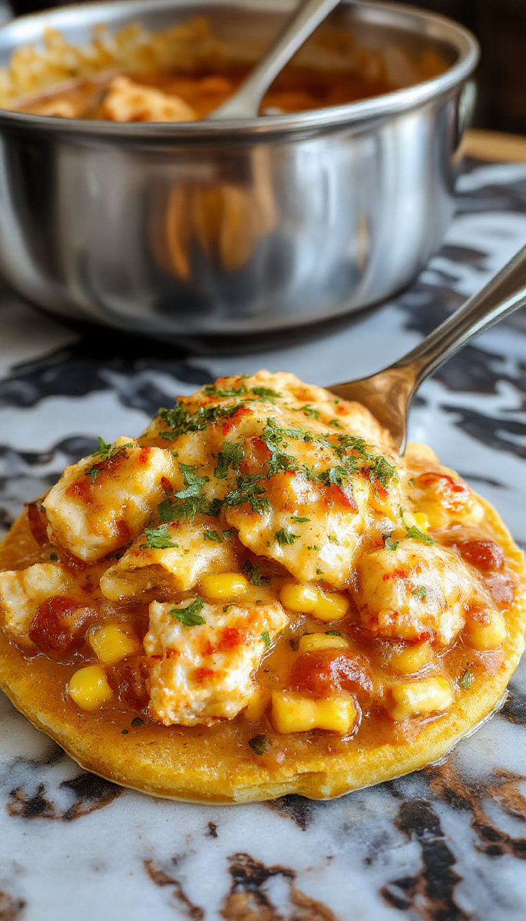 A vibrant bowl of Mexican street corn white chicken chili featuring shredded chicken, corn kernels, creamy white sauce, topped with fresh cilantro, red chili flakes, and lime wedges on a rustic wooden table with colorful peppers in the background.