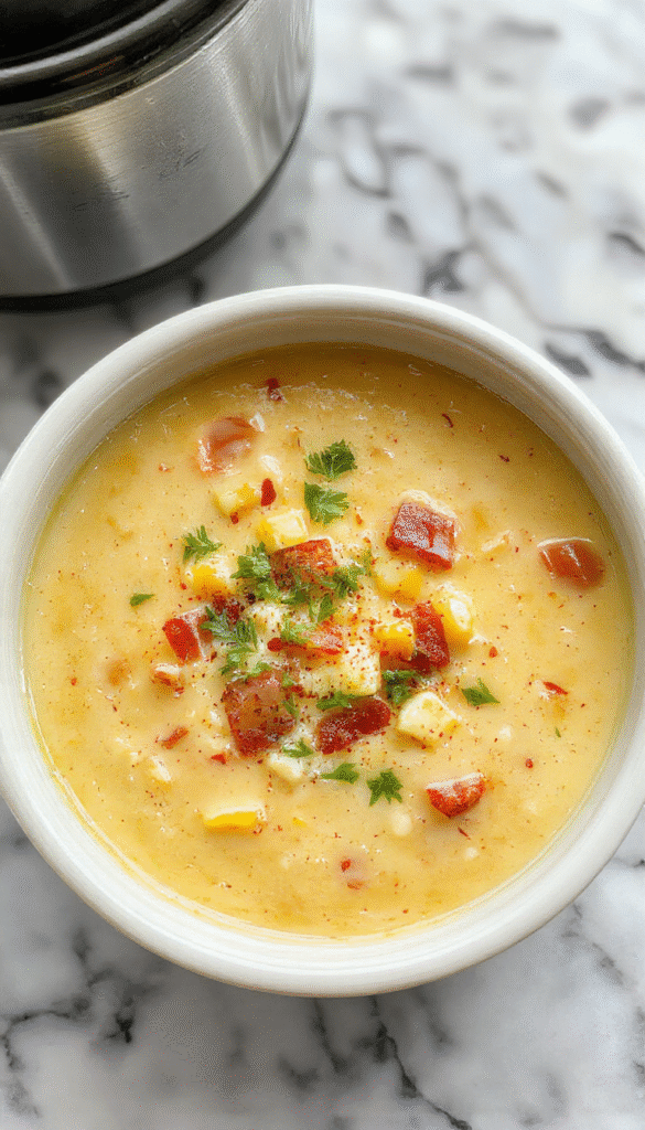 A vibrant bowl of Mexican street corn soup with a creamy yellow base topped with charred corn kernels, crumbled cheese, fresh cilantro, and a drizzle of lime juice, presented on a rustic wooden table with a spoon beside it.