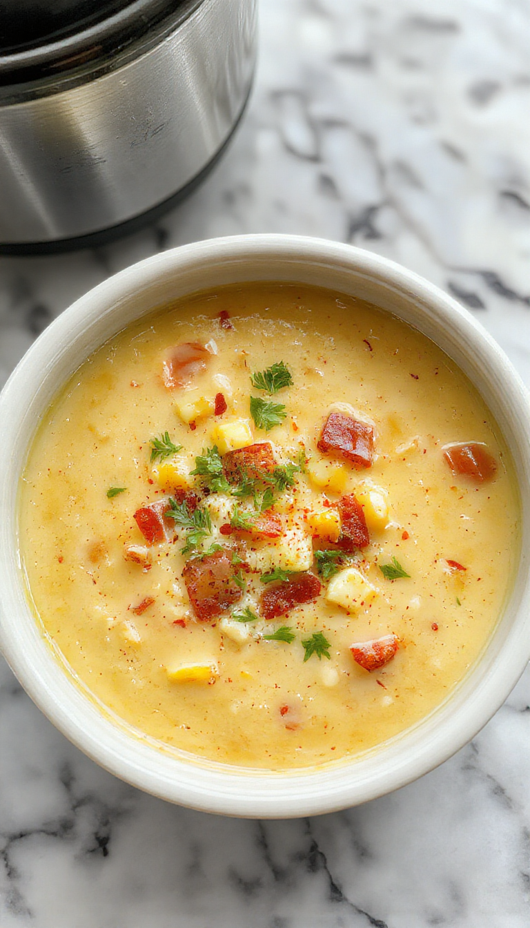 A vibrant bowl of Mexican street corn soup with a creamy yellow base topped with charred corn kernels, crumbled cheese, fresh cilantro, and a drizzle of lime juice, presented on a rustic wooden table with a spoon beside it.