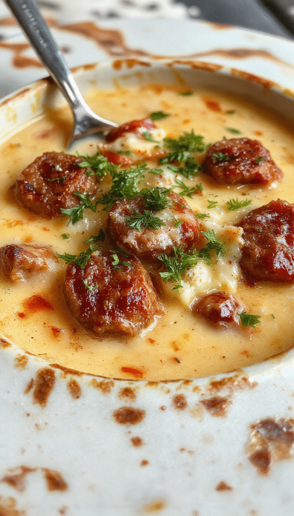 A warm, creamy bowl of Italian sausage soup topped with grated Parmesan cheese, fresh herbs, and slices of sausage. The vibrant orange and green colors of the broth contrast with the white cheese, and the soup is served in a rustic white bowl on a wooden table.
