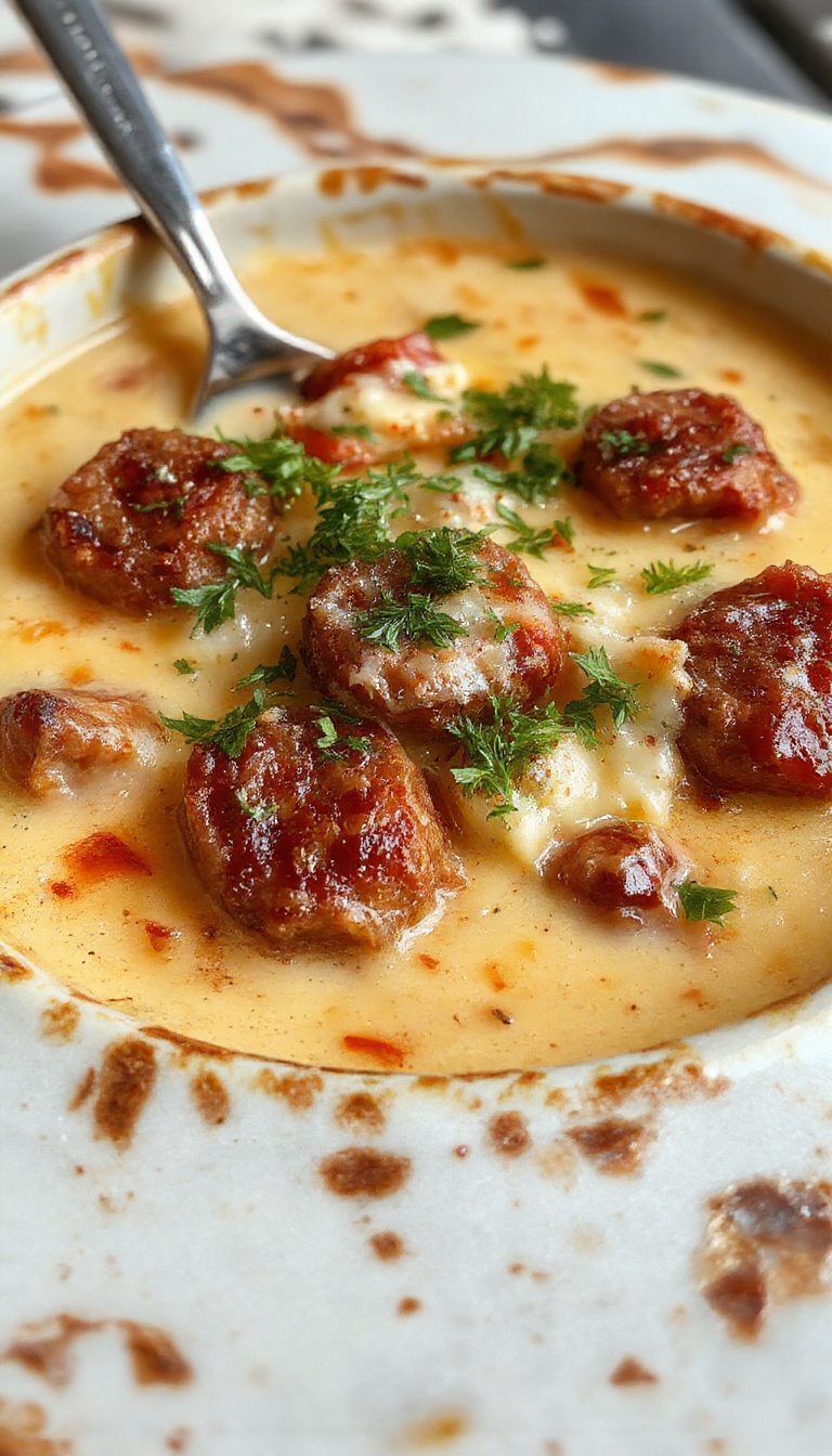A warm, creamy bowl of Italian sausage soup topped with grated Parmesan cheese, fresh herbs, and slices of sausage. The vibrant orange and green colors of the broth contrast with the white cheese, and the soup is served in a rustic white bowl on a wooden table.