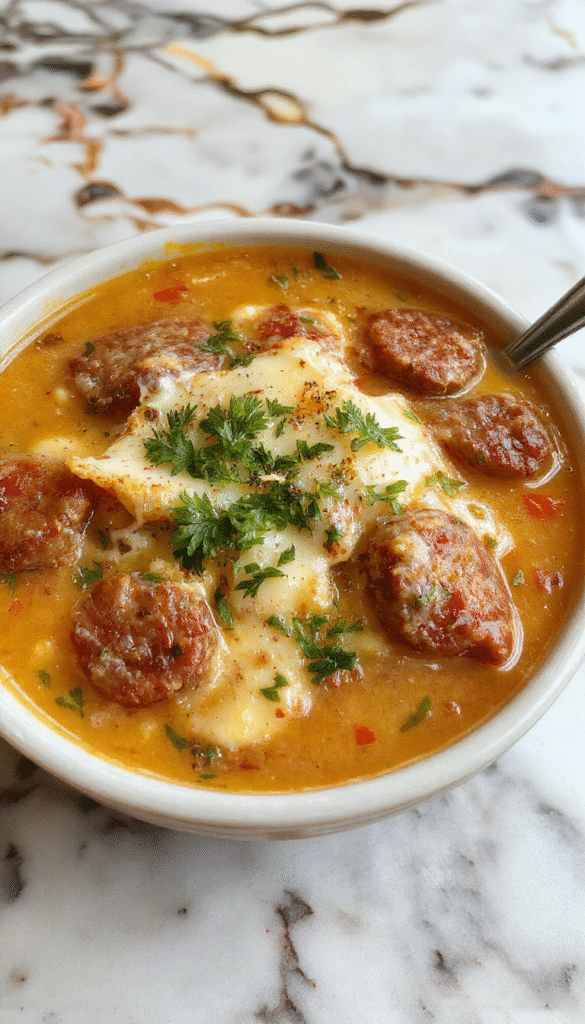 A steaming bowl of rich Italian sausage soup garnished with fresh herbs and grated Parmesan cheese, served in a rustic bowl on a wooden table with crusty bread in the background, colorful vegetables and sausage pieces visible in the ladle.