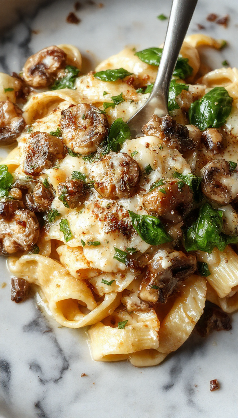 A vibrant skillet dish featuring perfectly cooked al dente pasta topped with fresh spinach, sautéed mushrooms, and a generous sprinkle of grated Parmesan cheese. The dish is served hot in a rustic cast-iron skillet, showcasing the rich textures and aromatic herbs, with a garnish of chopped parsley for color.